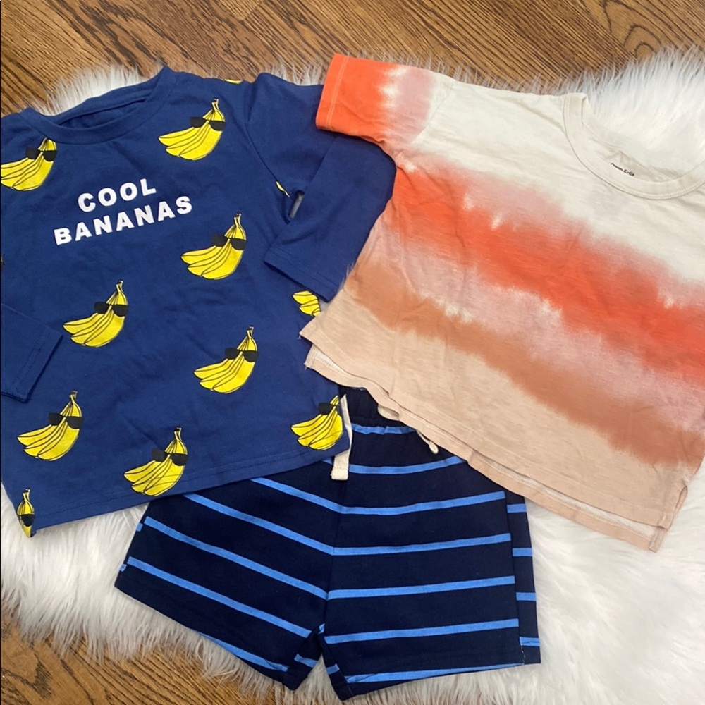2T Boy’s Banana Print and Tie-Dye Shirt Set with Striped Shorts